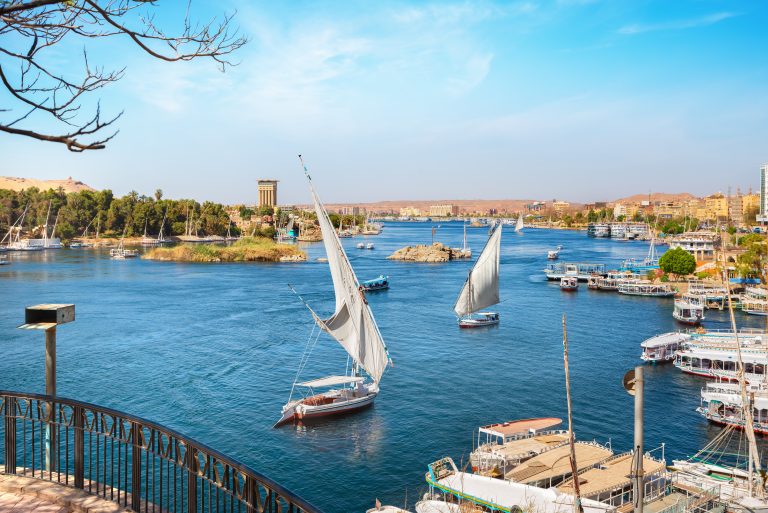 River Nile and boats at sunset in Aswan