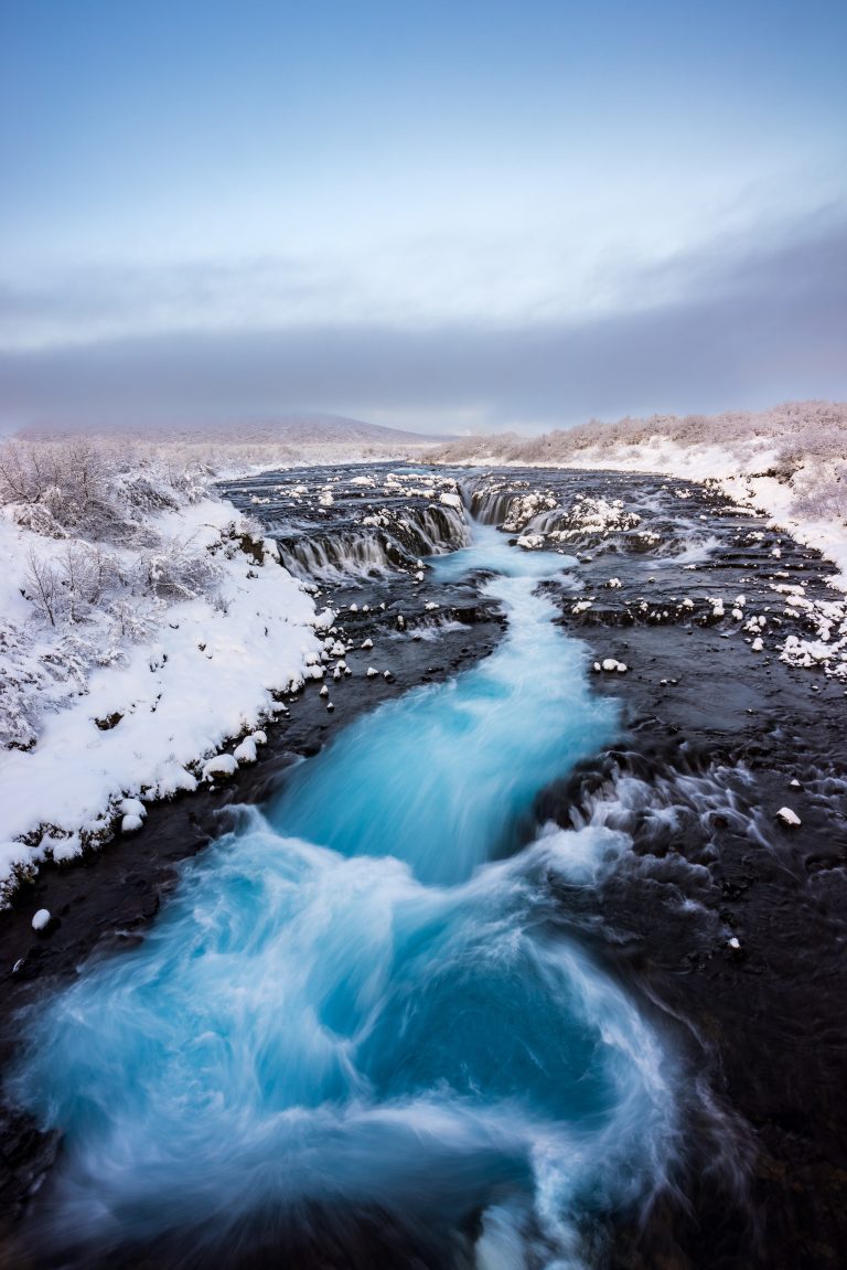 Bruarfoss waterfall in winter popular destination for tourist, Southwest of Iceland