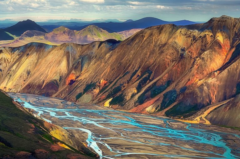 Landscape view of Landmannalaugar colorful volcanic mountains and river, Iceland, Europe