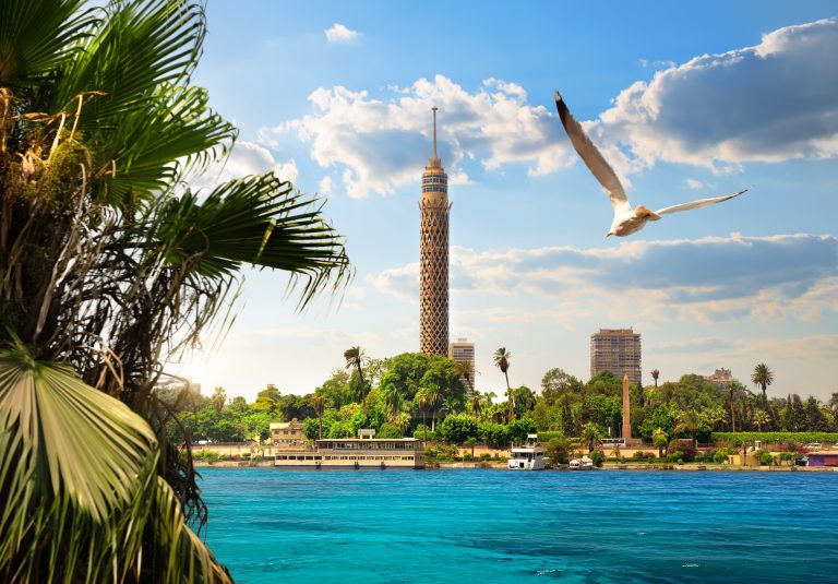 TV tower near Nile in Cairo at sunlight