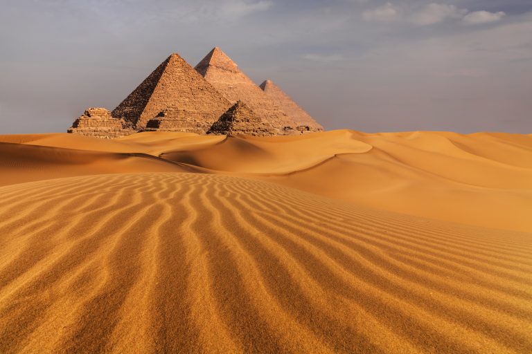 Sunset view of Pyramid complex of Giza, in Cairo, Egypt