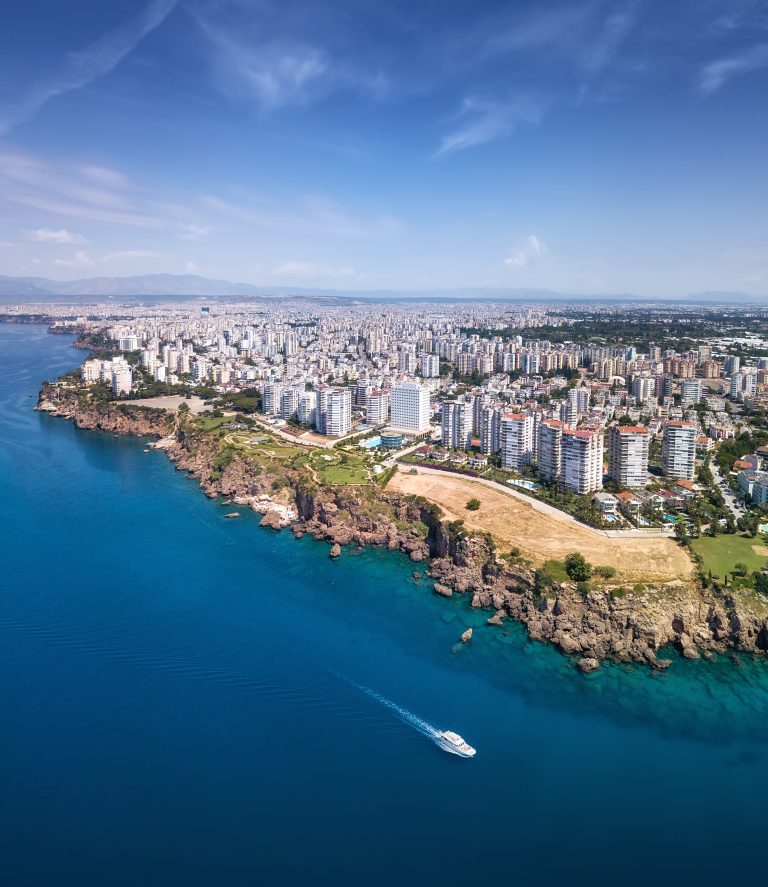 Aerial view at the Antalya, Turkey. Blue sea from air as a background. Natural seascape at the summer time. Landscape from drone