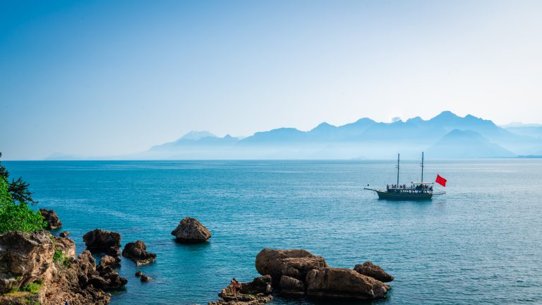 Antalya, Turkey. Sailing Ship For Sea Tours. Mediterranean landscape