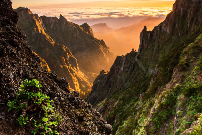 Beautiful sunrise in Madeira highest mountains range. Hiking trial from Pico do Areerio to Pico do Ruivo. Madeira, Portugal