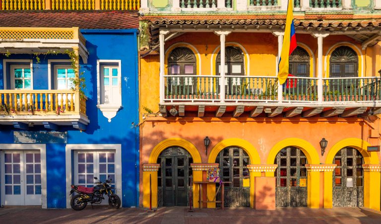 Colombia, Scenic colorful streets of Cartagena in historic Getsemani district near Walled City (Ciudad Amurallada)