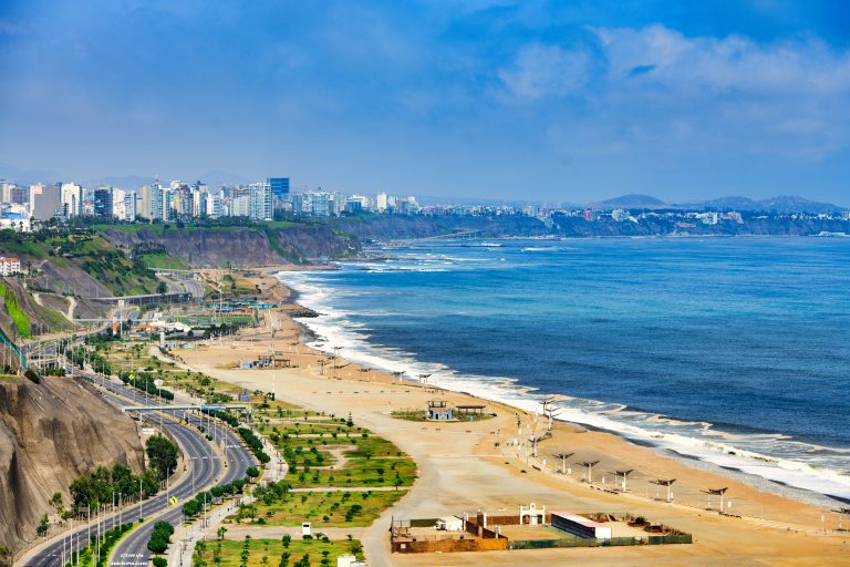 The Pacific Ocean coast of Lima Peru with the deserted road for the Covid19 pandemic